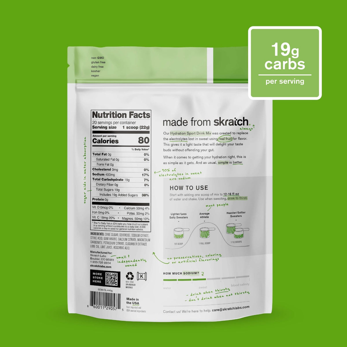 Skratch Labs Hydration Sport Drink Mix Pepino y Lima – Bolsa 440 g (20 porciones) - imagen 2