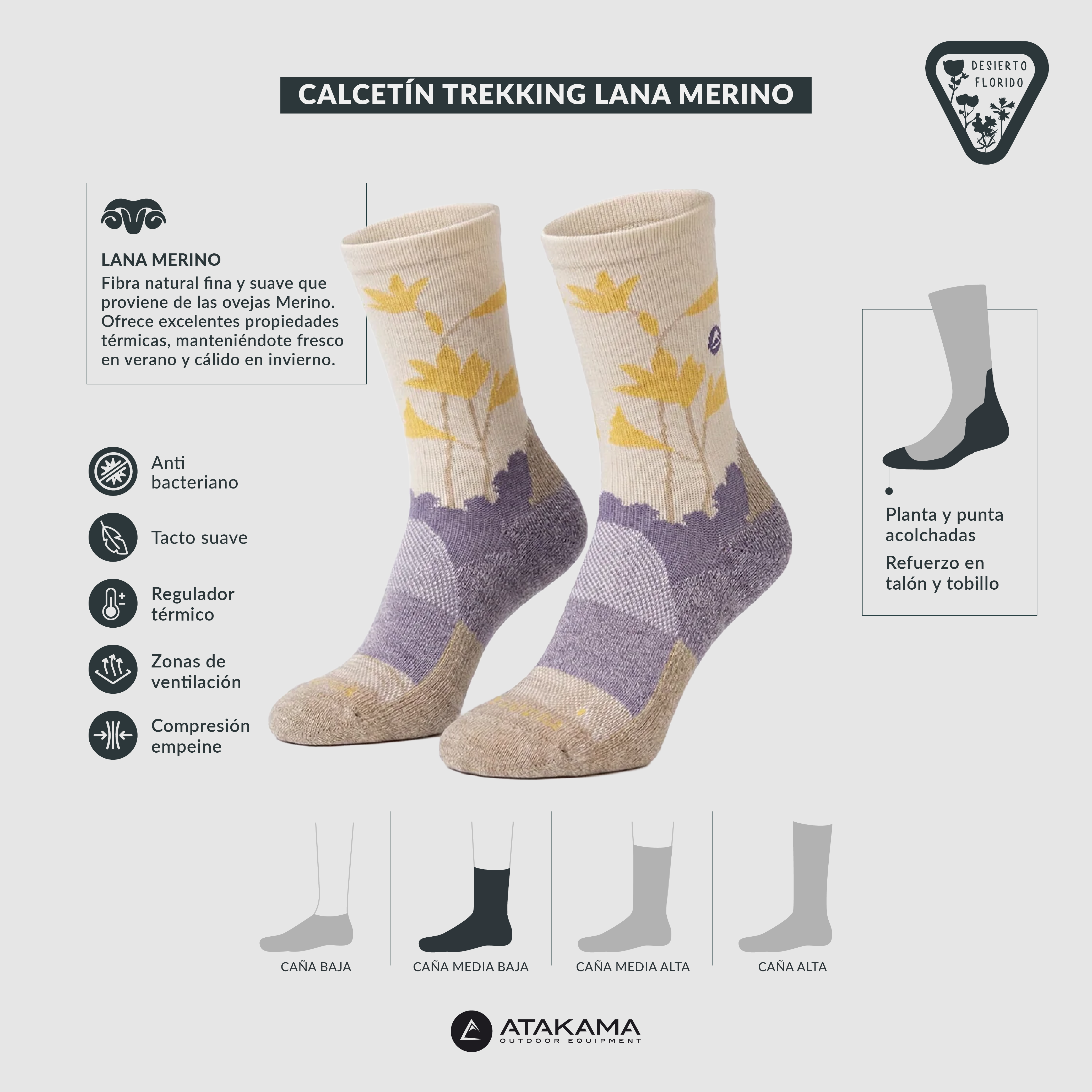 Calcetín Trekking Desierto Florido Lana Merino Caña Media Baja