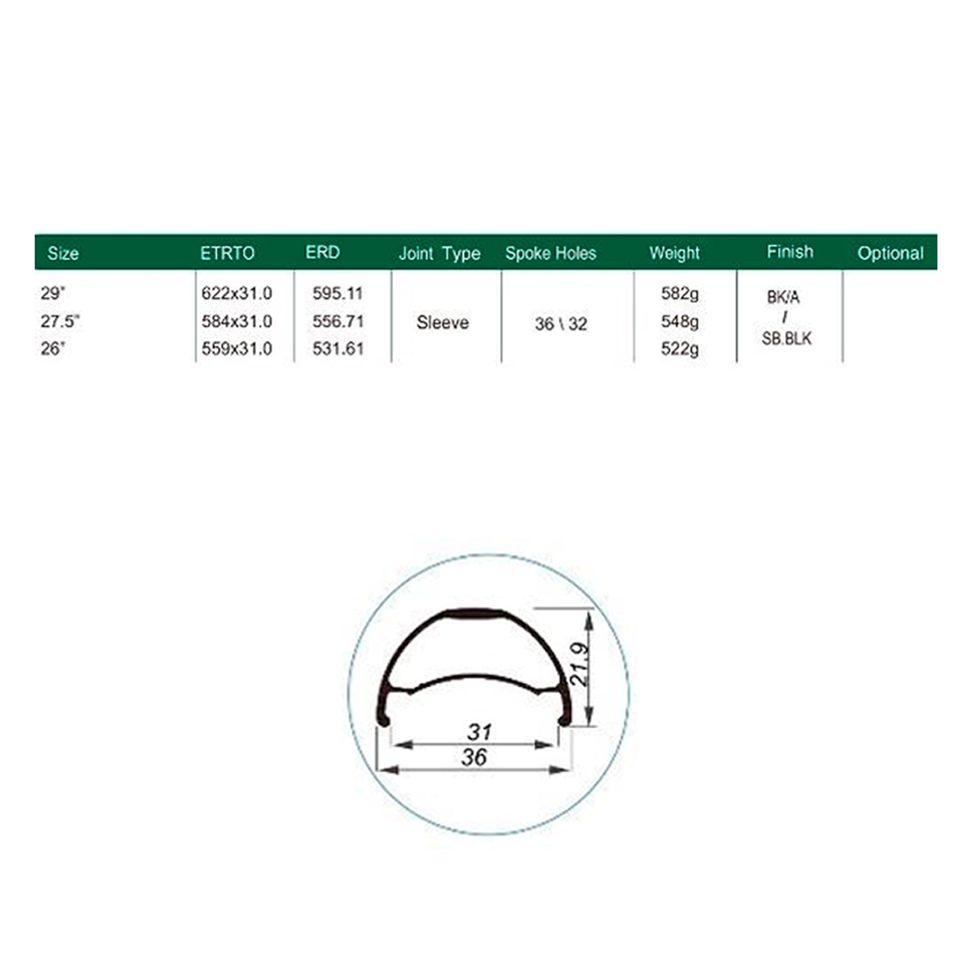 Llanta Weinmann 29 U36 TL Ojetillos Negro 32H FV