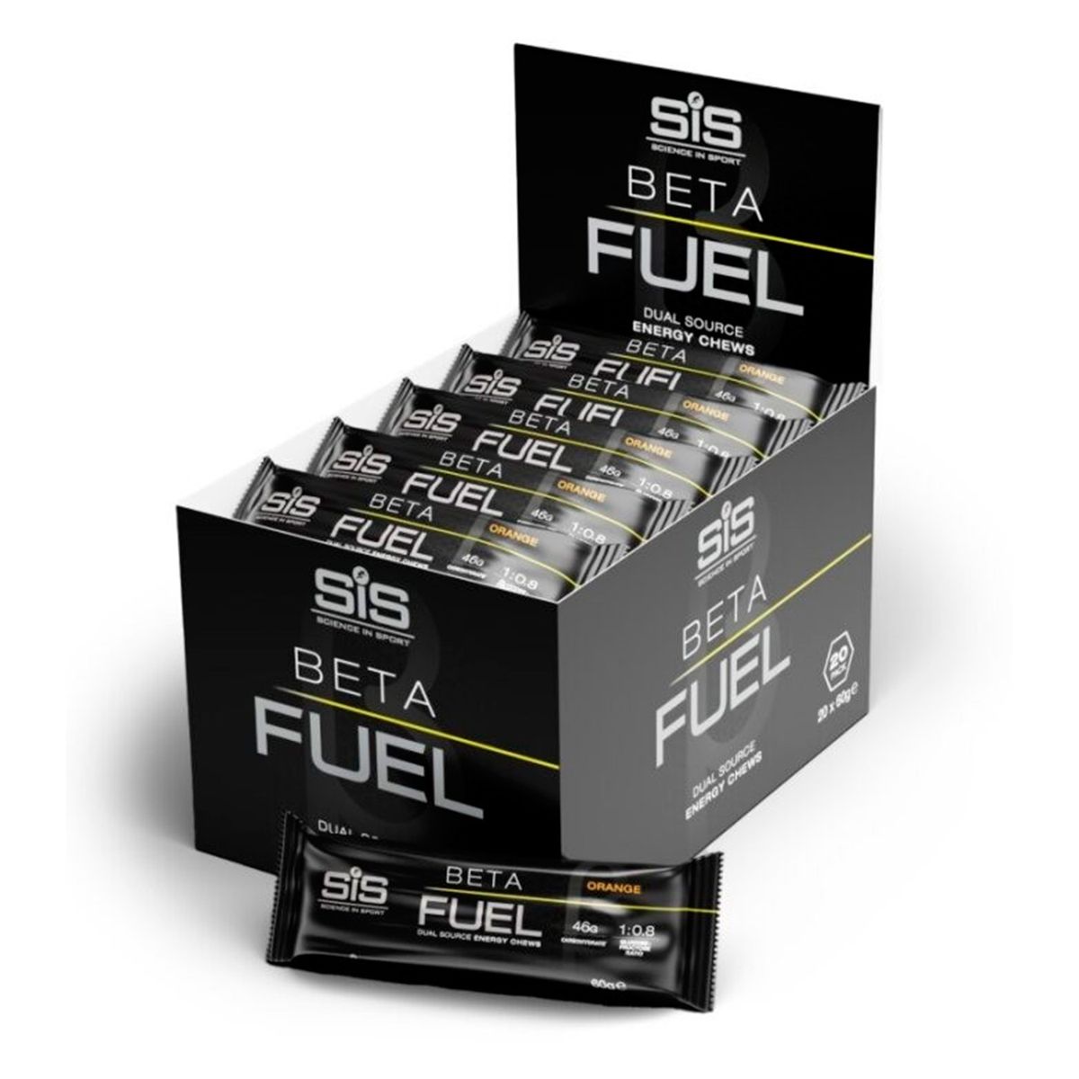Caja SIS Barra Beta Fuel Energy Chew 60g 20U - Naranja