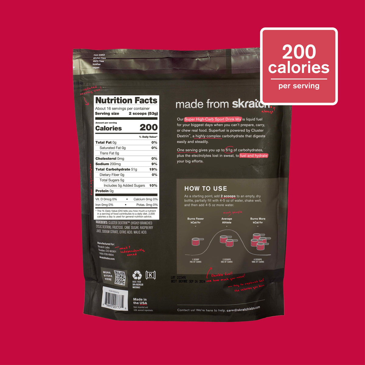 Skratch Labs Super High-Carb Sport Drink Mix Frambuesa – Bolsa 840 g (16 porciones) - imagen 2