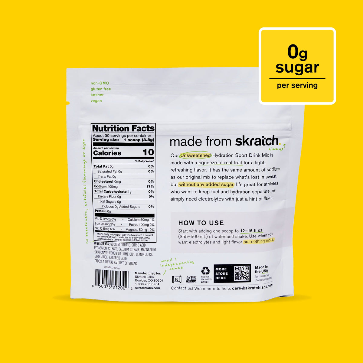 Skratch Labs Unsweetened Hydration Sport Drink Mix Sin Azúcar Limón y Lima – Bolsa 120 g (30 porciones) - imagen 2