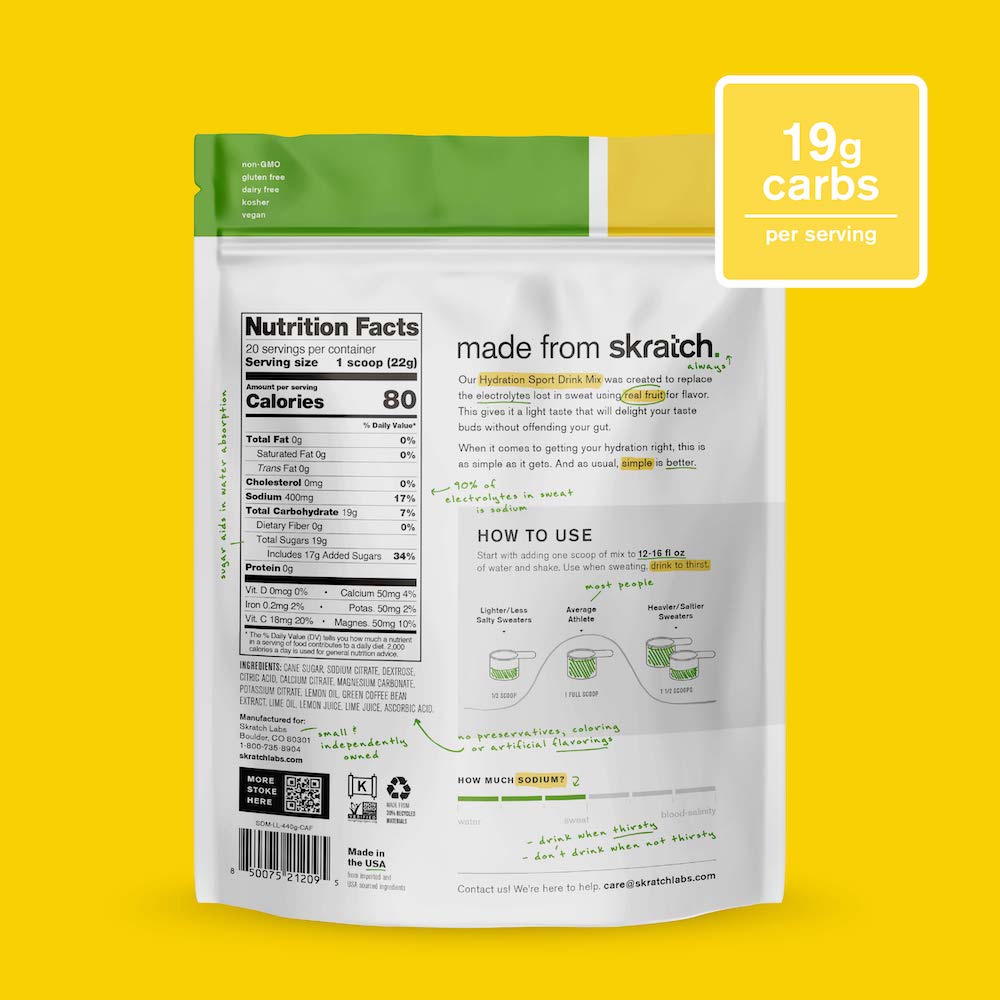 Skratch Labs Hydration Sport Drink Mix Limón y Lima con Cafeína – Bolsa 440 g (20 porciones) - imagen 2