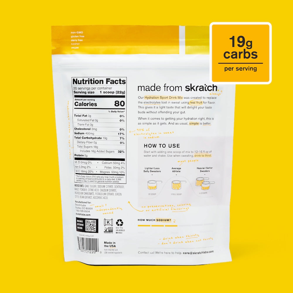 Skratch Labs Hydration Sport Drink Mix Mango con Cafeína – Bolsa 440 g (20 porciones) - imagen 2
