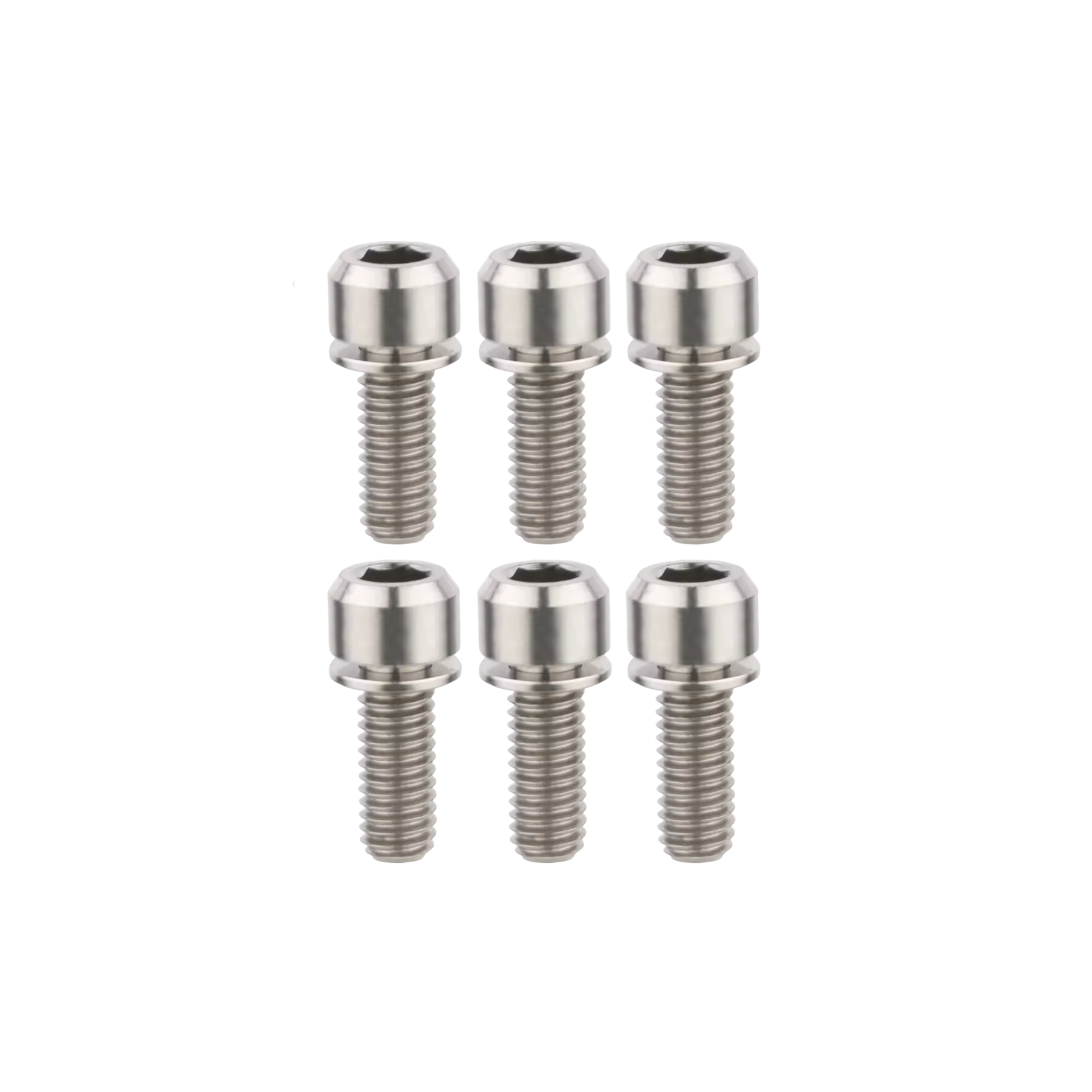 Set of six silver metal screws on a white background