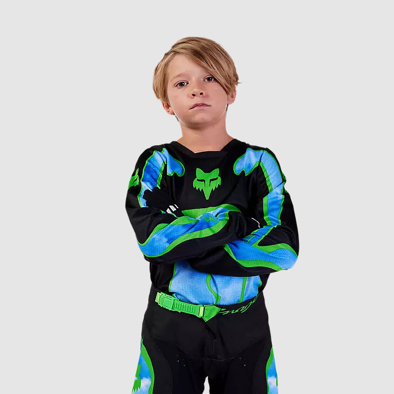 Polera Moto Niño 180 Atlas Celeste/Verde Fox - Rideshop