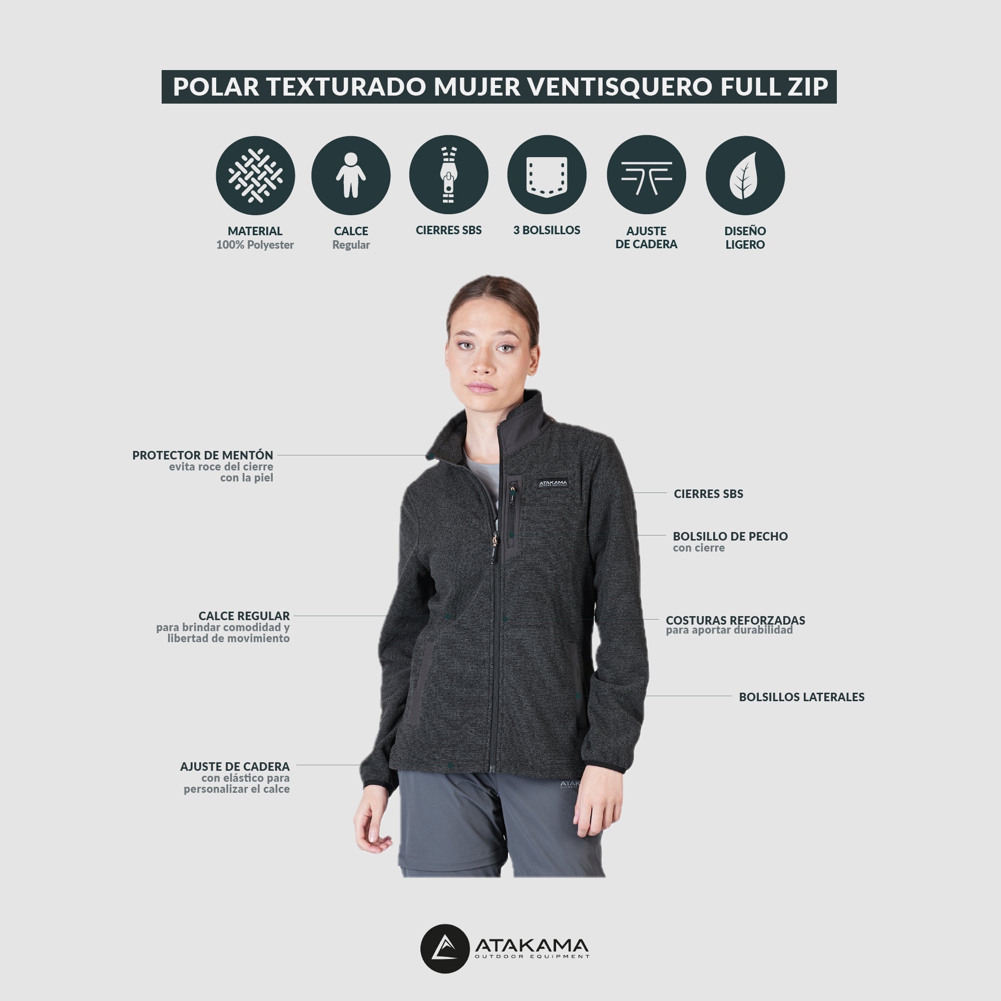 Polar Texturado Mujer Ventisquero Full Zip Gris