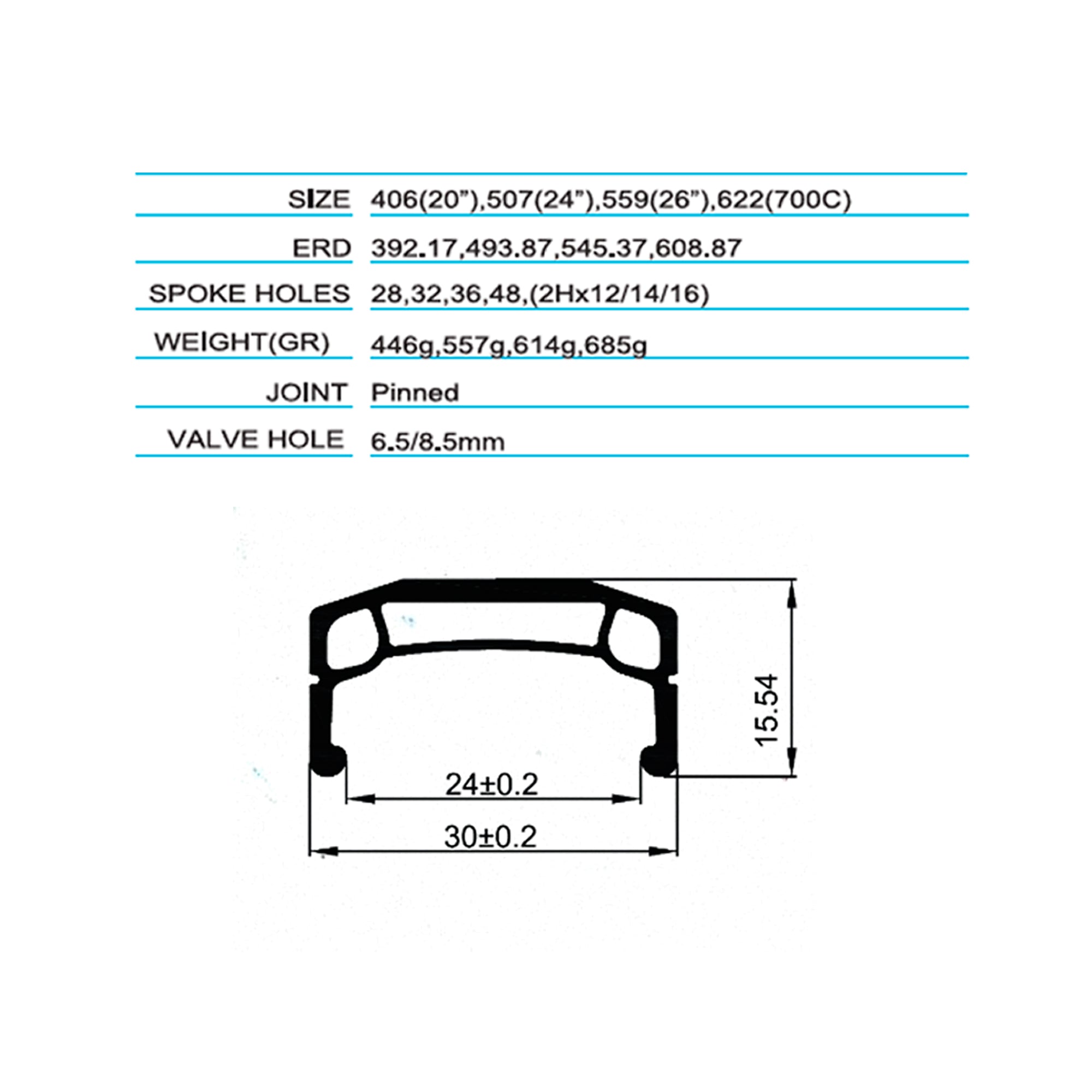 Llanta Weinmann 20" BMX 36H DM30 Negra ojetil
