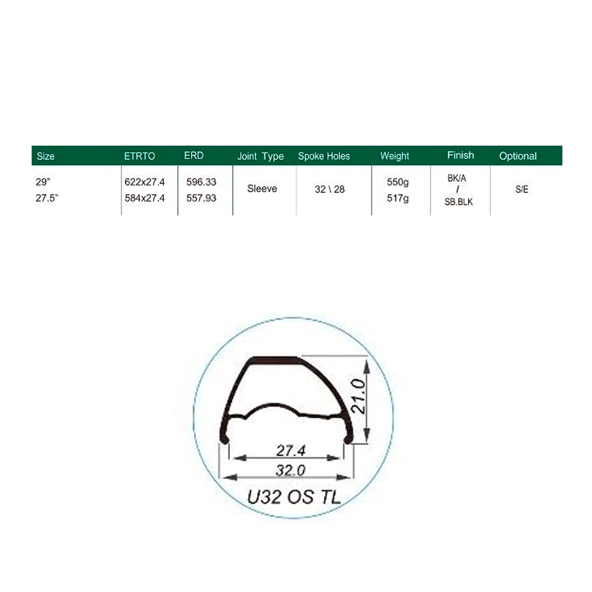 Llanta Weinmann Asimétrica 29 U32 TL Ojetillos Negro 28H F/V