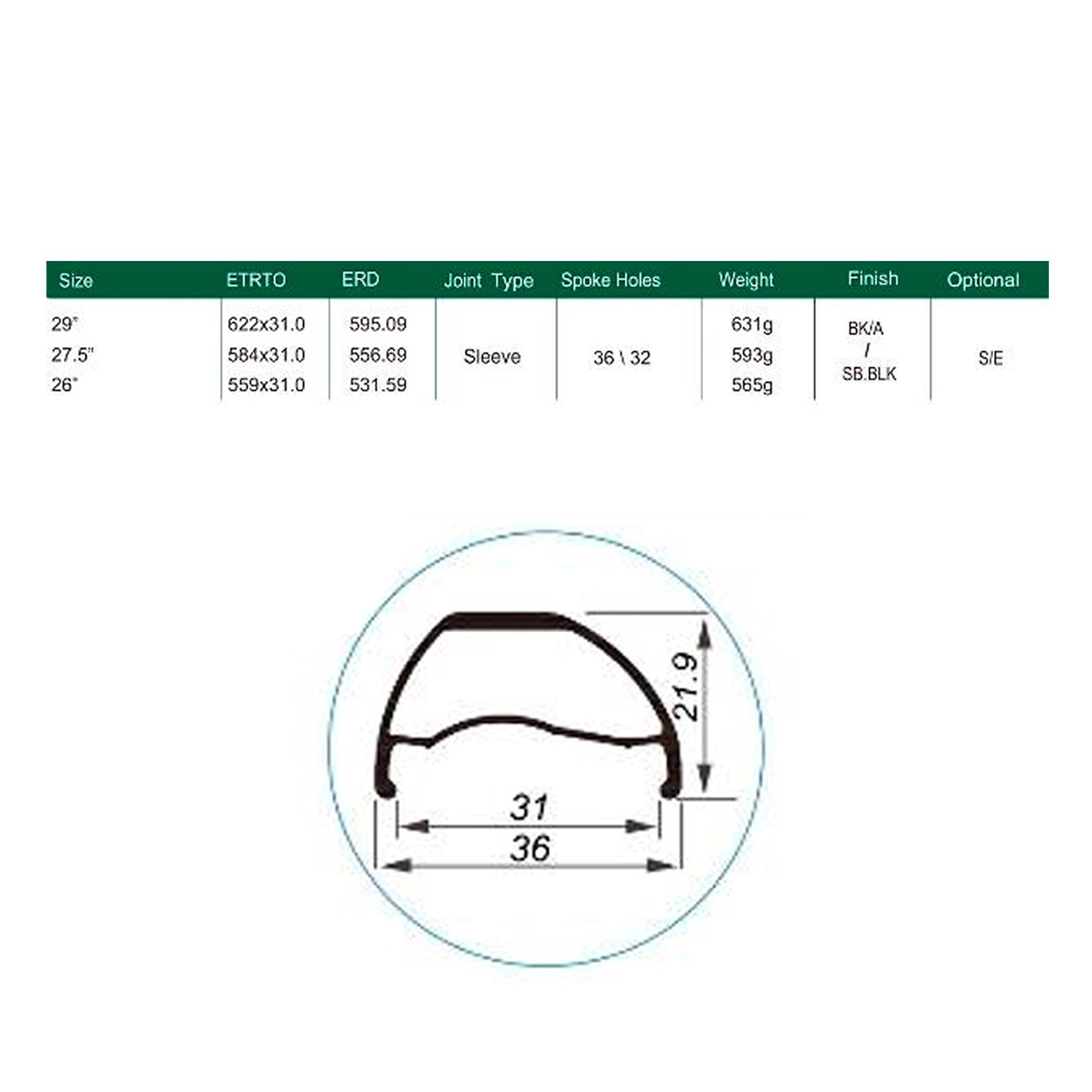 Llanta Weinmann Asimétrica 29 U36 TL Ojetillos Negro 32H F/V
