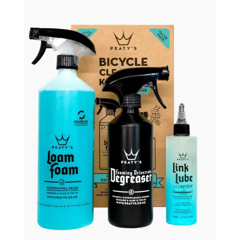 Kit Limpieza Bicicleta Espuma Lavado, Desengrasante y Lubricante Cadena Peaty's