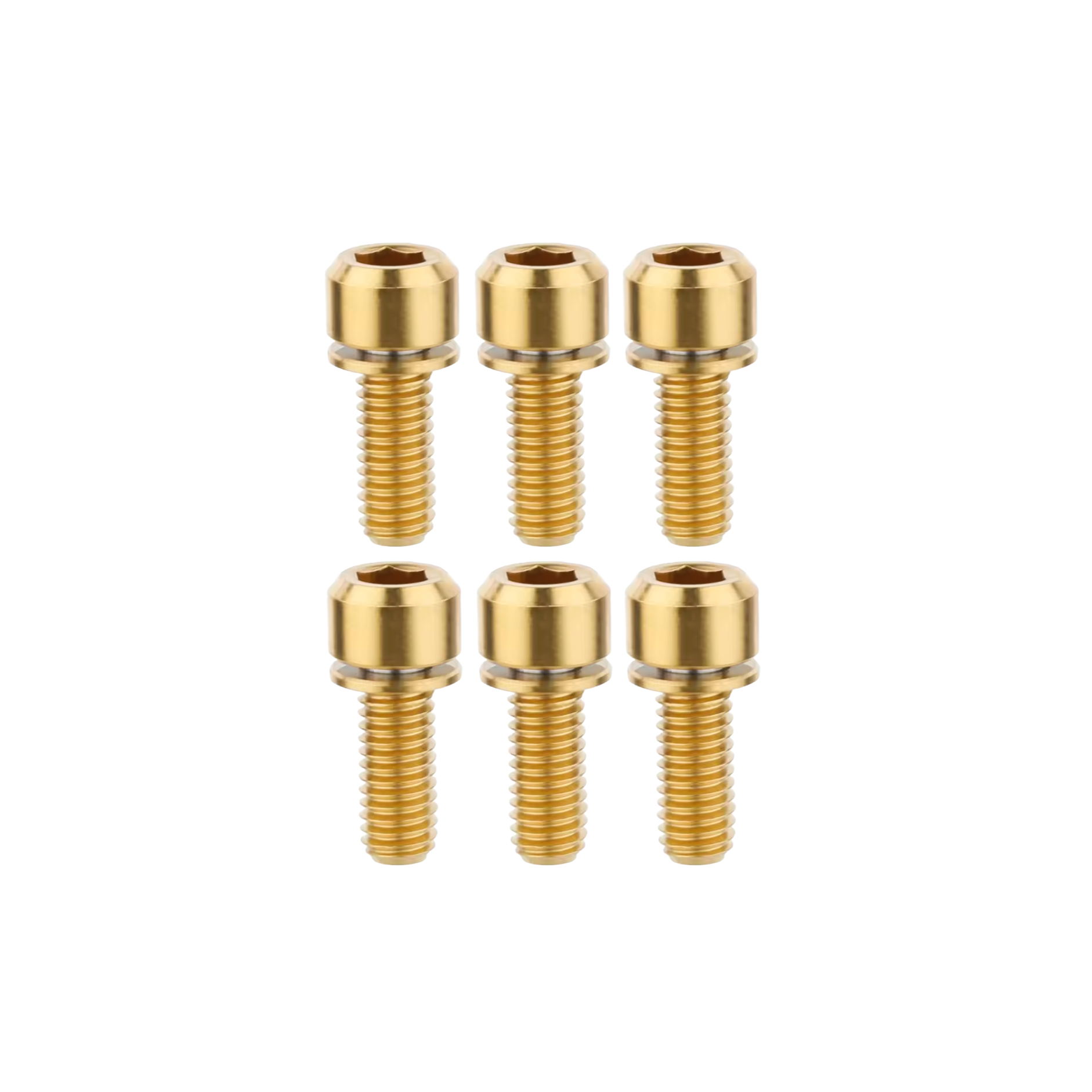 Set of six gold screws on a white background