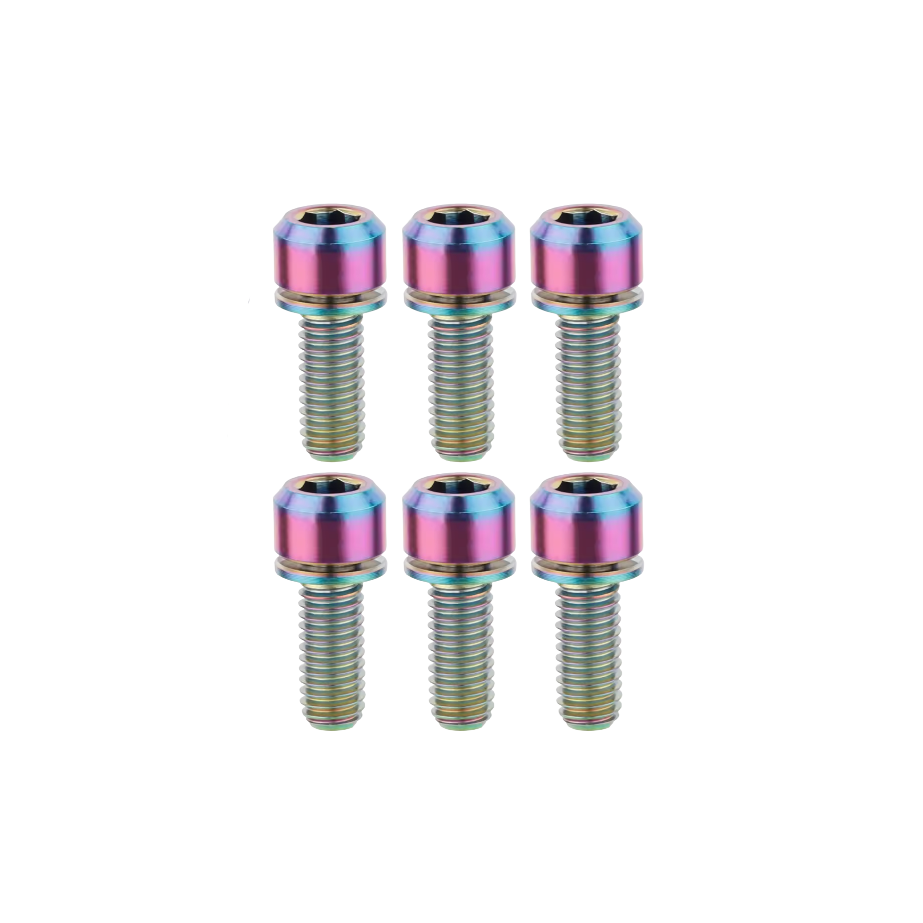 Set of six multicolored screws on a white background