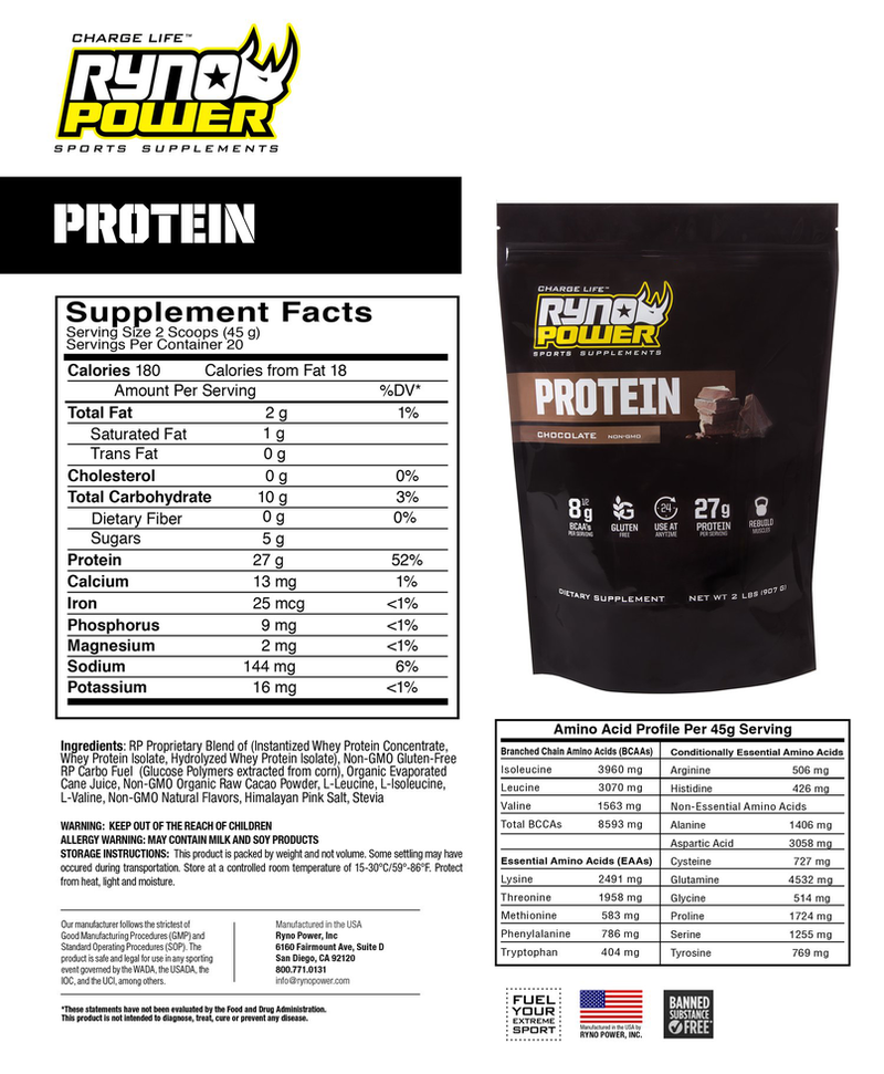 Chocolate Protein Powder 2lb (20 serv) Ryno Power - Rideshop