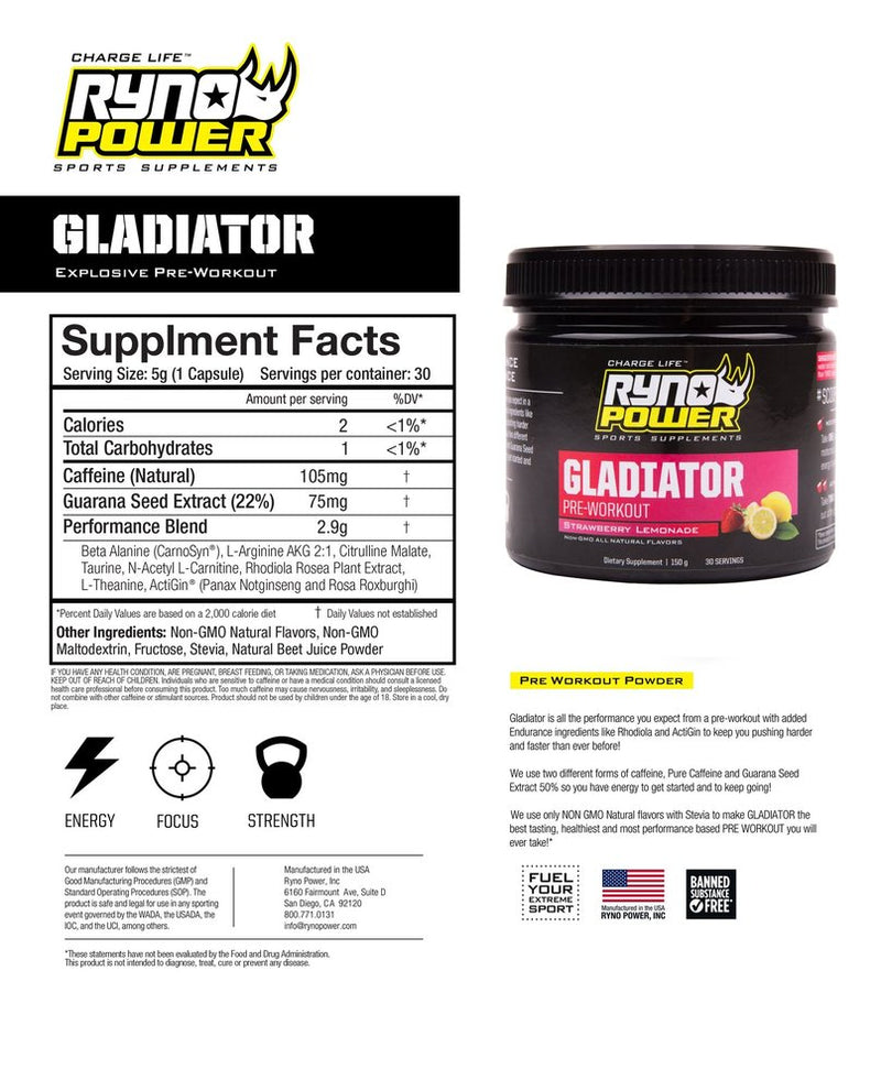 Gladiator Pre Workout (30 Serv) Ryno Power - Rideshop