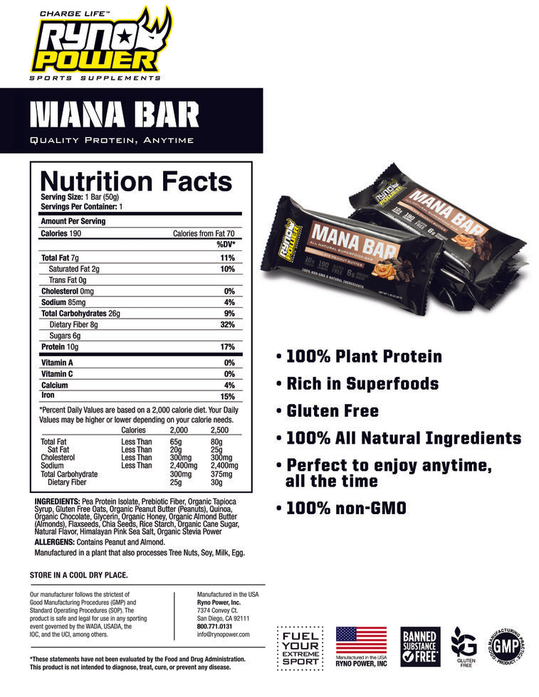 Mana Bar: Chocolate Peanut Butter Superfoods Bar Ryno Power - Rideshop