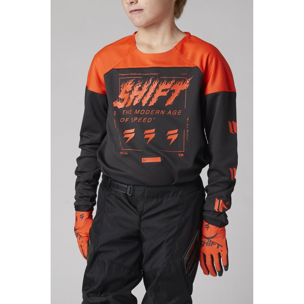 Polera Moto Niño Whit3 Label Flame Naranjo Shift - Rideshop