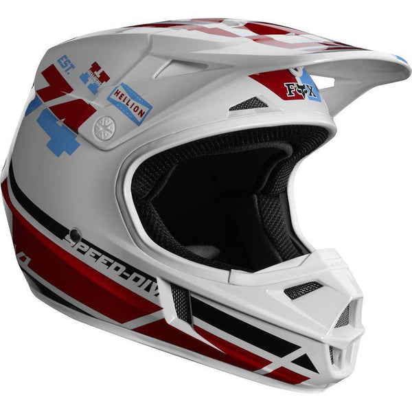 Casco Moto V1 RWT Blanco Rojo Azul Fox Racing. - Rideshop