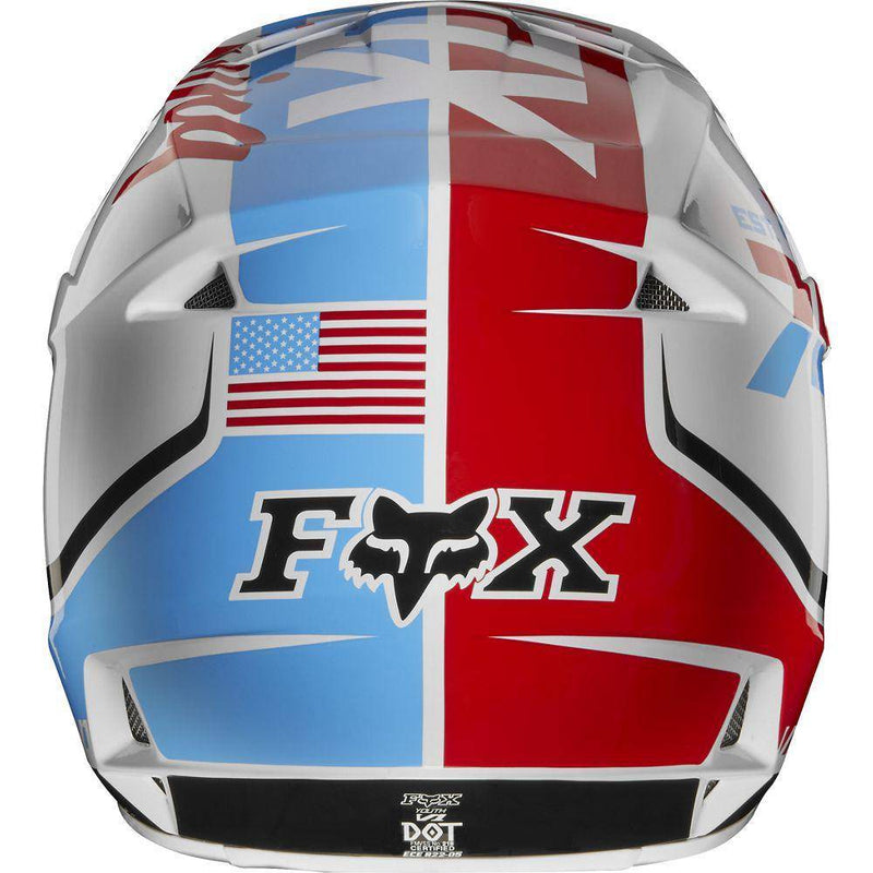 Casco Moto V1 RWT Blanco Rojo Azul Fox Racing. - Rideshop