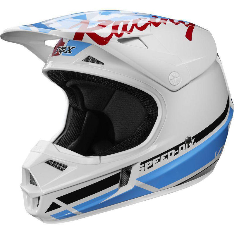 Casco Moto V1 RWT Blanco Rojo Azul Fox Racing. - Rideshop