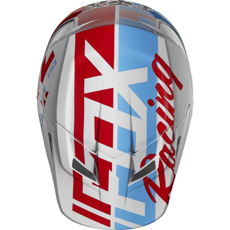 Casco Moto V1 RWT Blanco Rojo Azul Fox Racing. - Rideshop